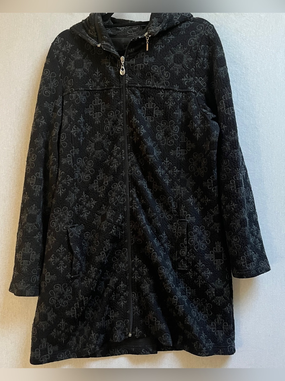 Tonia DeBellis Size XL Black Patterned Hooded Zip Front Coat